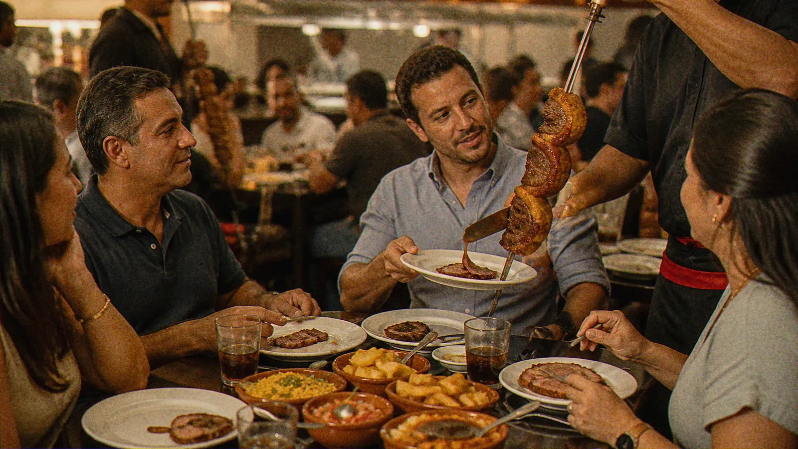Garçom servindo picanha do espeto direto no prato, mesa cheia de travessas e o salão lotado ao fundo, no Ponto Certo